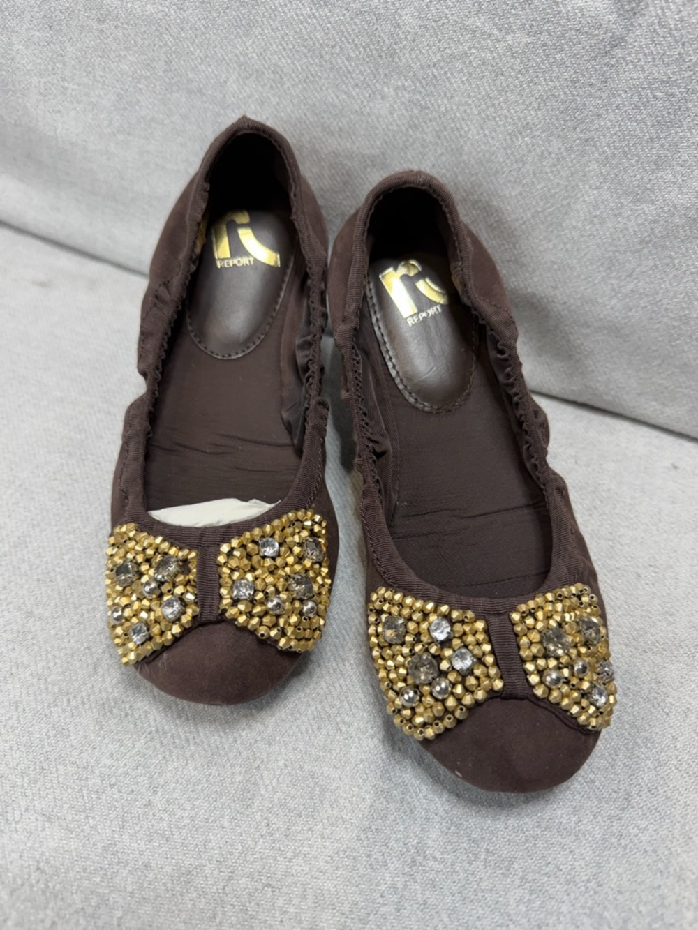 NWOT Report Dark Brown Slip-On Ballet Flats with Gold Accent Bow W5.5